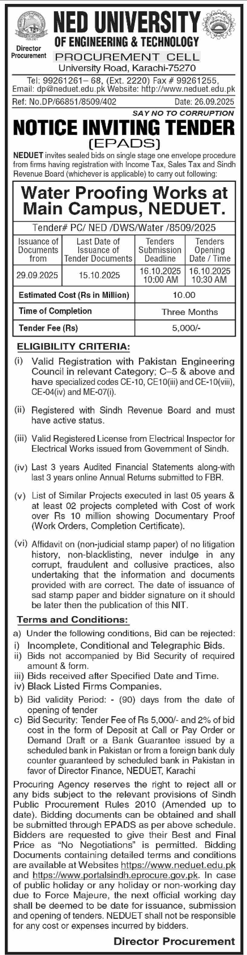 Ned University of Engineering & Technology Karachi Tender Notice